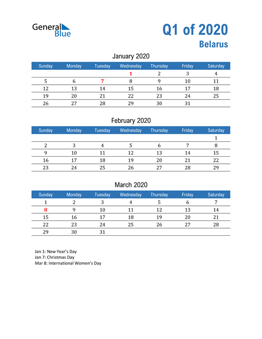  Belarus 2020 Quarterly Calendar 