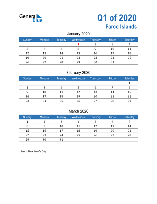  Faroe Islands 2020 Quarterly Calendar 