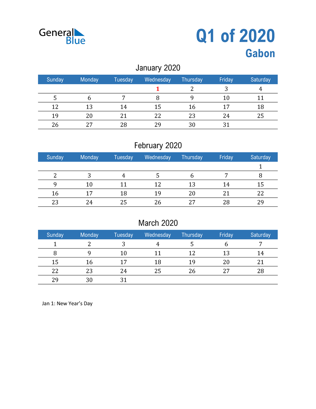  Gabon 2020 Quarterly Calendar 