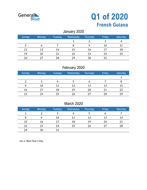  French Guiana 2020 Quarterly Calendar 