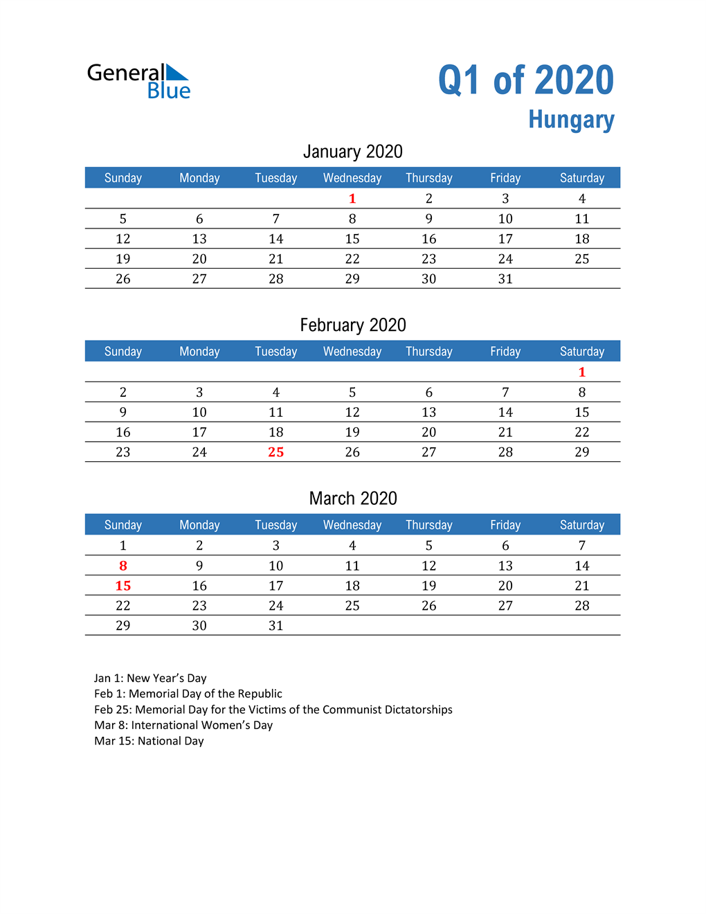  Hungary 2020 Quarterly Calendar 