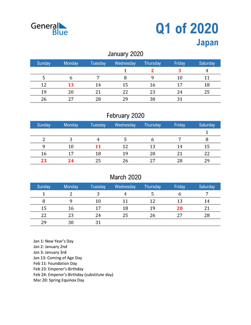 Japan 2020 Quarterly Calendar 