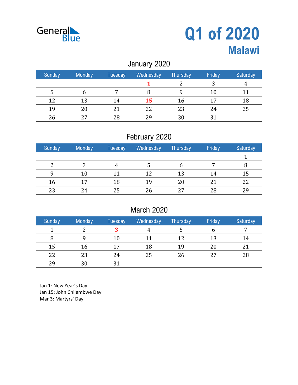  Malawi 2020 Quarterly Calendar 