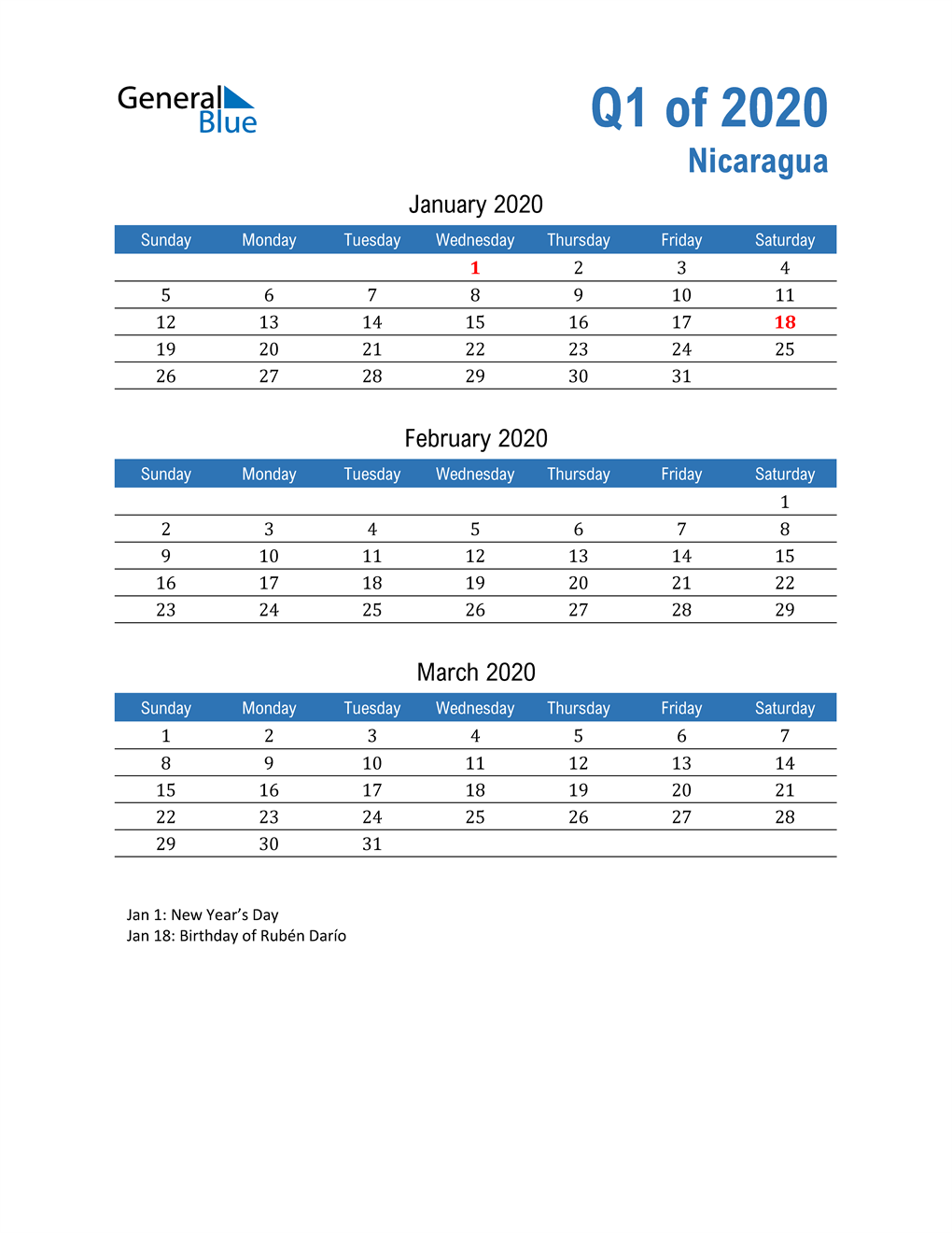 Nicaragua 2020 Quarterly Calendar 