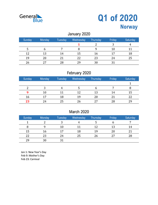  Norway 2020 Quarterly Calendar 