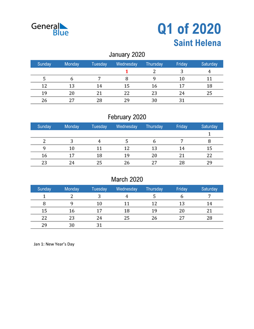  Saint Helena 2020 Quarterly Calendar 