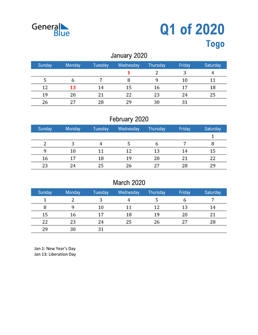 Q1 2020 Quarterly Calendar With Togo Holidays