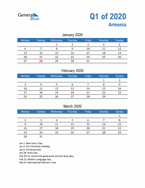 Armenia 2020 Quarterly Calendar with Monday Start