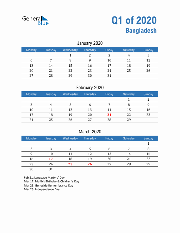 Bangladesh 2020 Quarterly Calendar with Monday Start