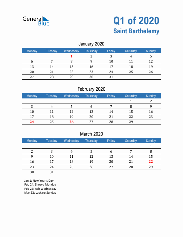Saint Barthelemy 2020 Quarterly Calendar with Monday Start