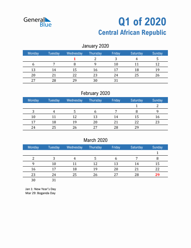 Central African Republic 2020 Quarterly Calendar with Monday Start