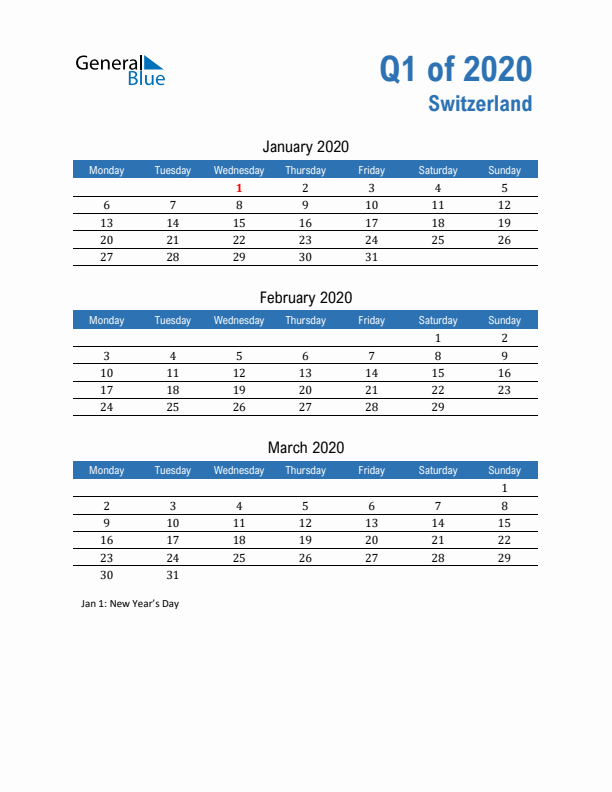 Switzerland 2020 Quarterly Calendar with Monday Start