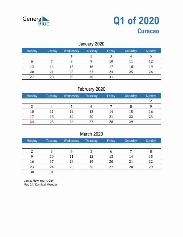 Curacao 2020 Quarterly Calendar with Monday Start