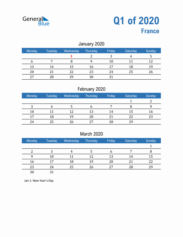 France 2020 Quarterly Calendar with Monday Start