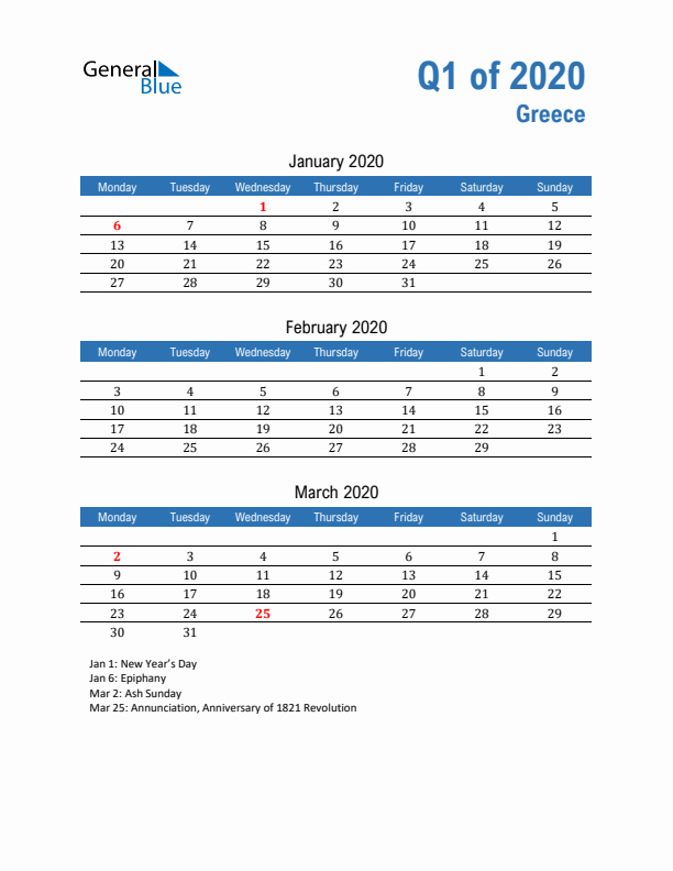 Greece 2020 Quarterly Calendar with Monday Start