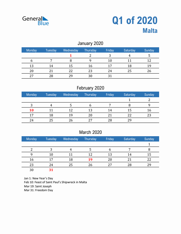 Malta 2020 Quarterly Calendar with Monday Start