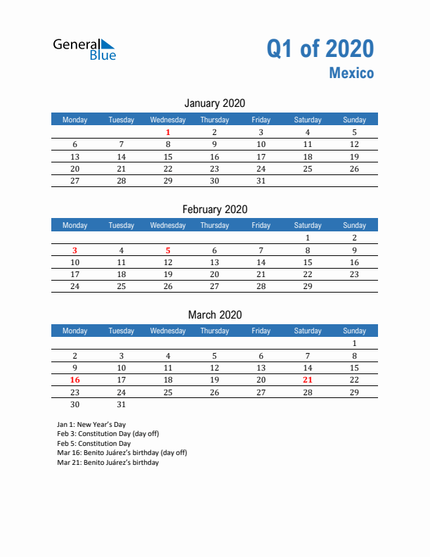 Mexico 2020 Quarterly Calendar with Monday Start