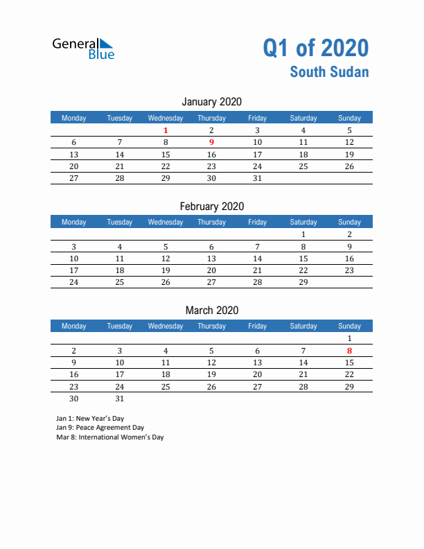 South Sudan 2020 Quarterly Calendar with Monday Start