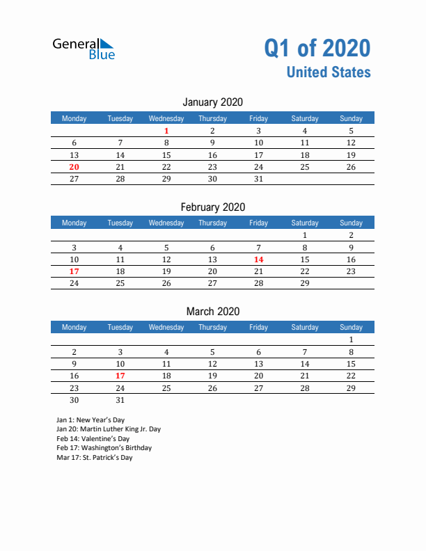 United States 2020 Quarterly Calendar with Monday Start
