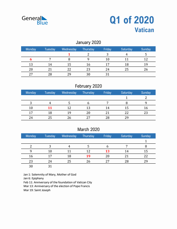 Vatican 2020 Quarterly Calendar with Monday Start