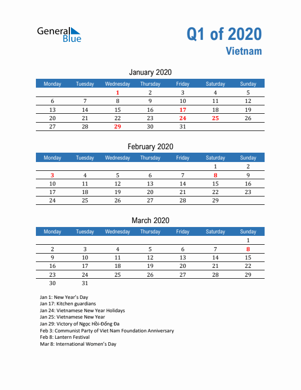 Vietnam 2020 Quarterly Calendar with Monday Start
