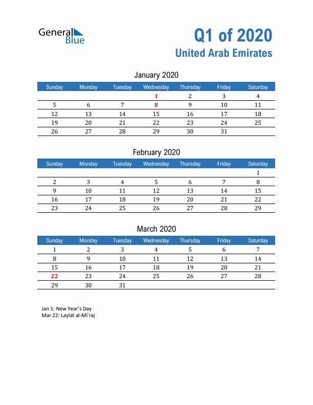 United Arab Emirates 2020 Quarterly Calendar with Sunday Start