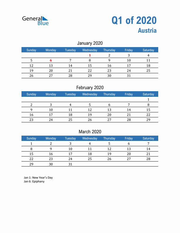 Austria 2020 Quarterly Calendar with Sunday Start
