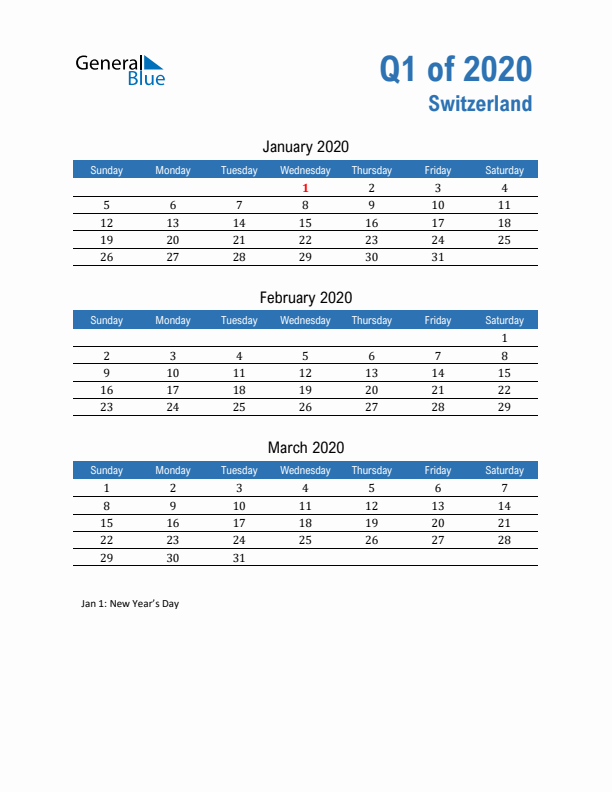 Switzerland 2020 Quarterly Calendar with Sunday Start