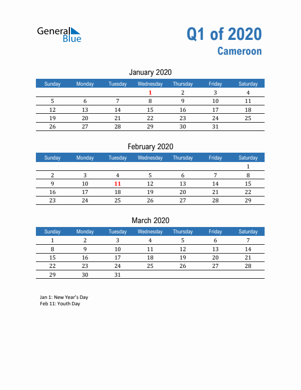 Cameroon 2020 Quarterly Calendar with Sunday Start