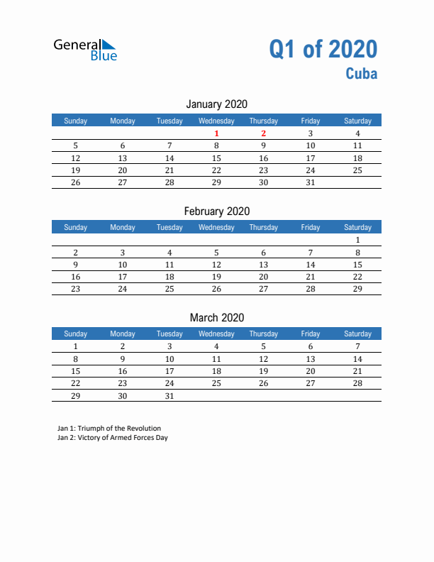 Cuba 2020 Quarterly Calendar with Sunday Start