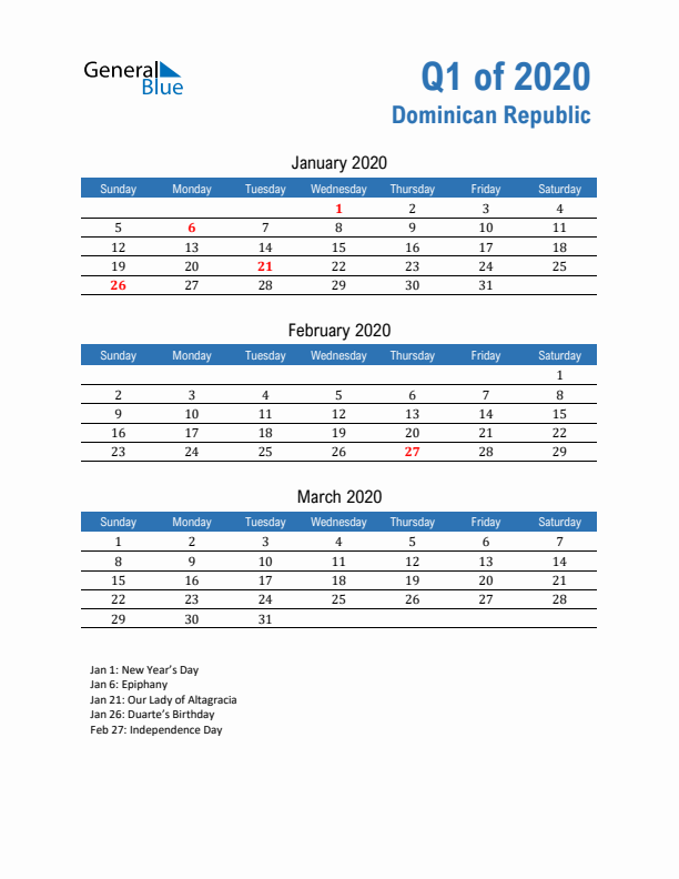 Dominican Republic 2020 Quarterly Calendar with Sunday Start