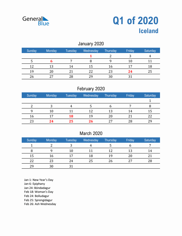 Iceland 2020 Quarterly Calendar with Sunday Start