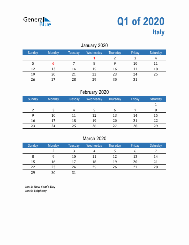 Italy 2020 Quarterly Calendar with Sunday Start
