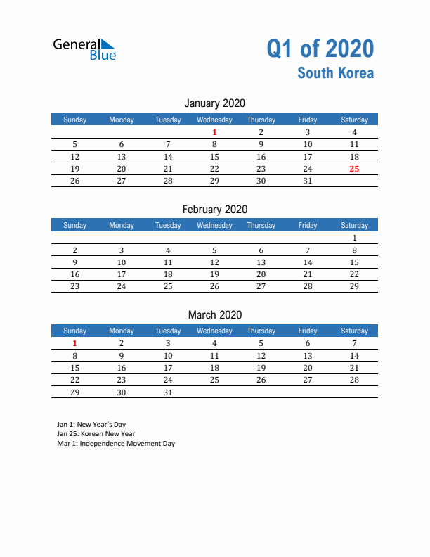 South Korea 2020 Quarterly Calendar with Sunday Start