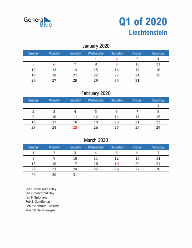 Liechtenstein 2020 Quarterly Calendar with Sunday Start