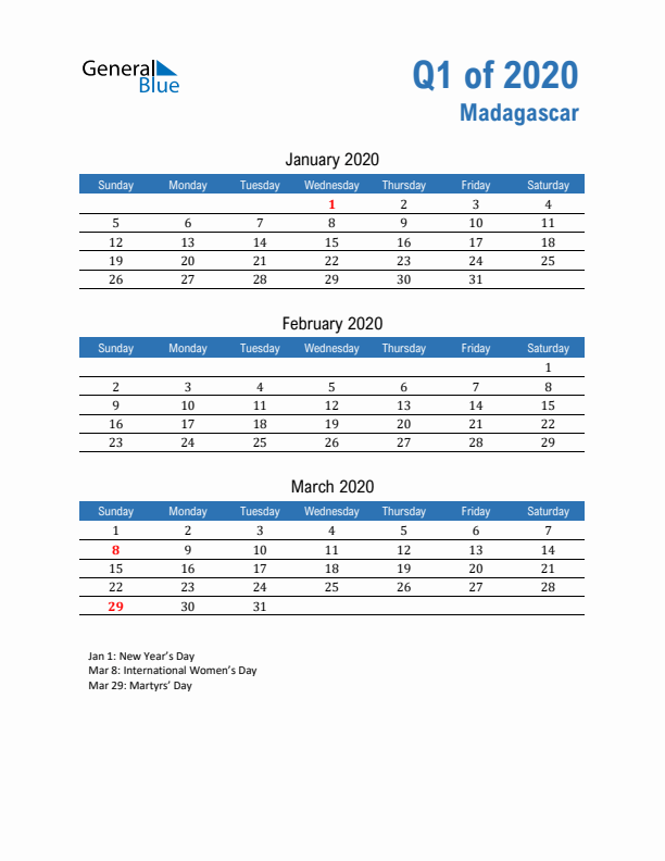 Madagascar 2020 Quarterly Calendar with Sunday Start