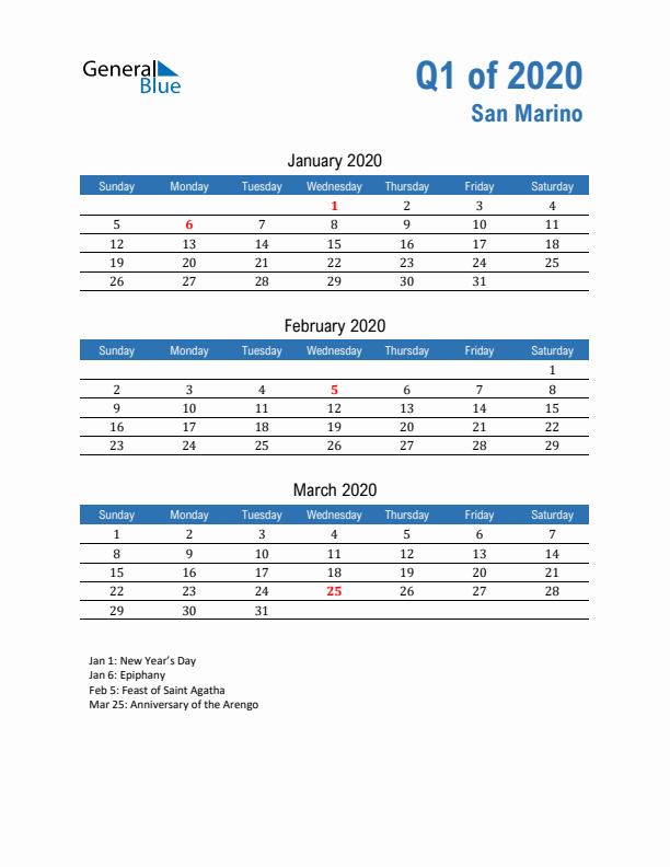 San Marino 2020 Quarterly Calendar with Sunday Start