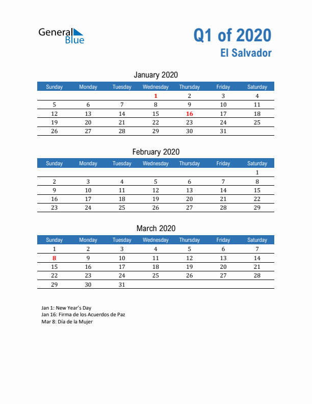 El Salvador 2020 Quarterly Calendar with Sunday Start