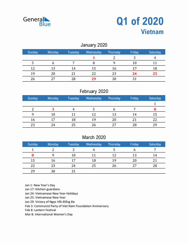 Vietnam 2020 Quarterly Calendar with Sunday Start