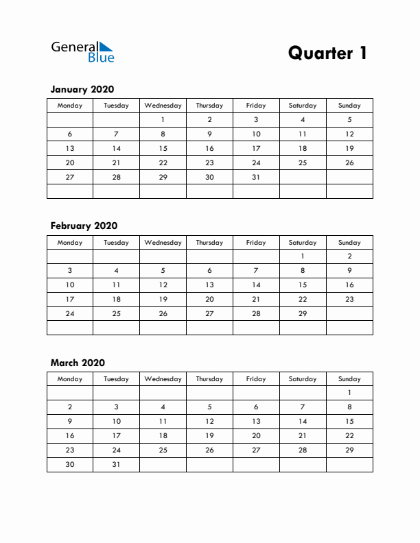 Quarter 1 2020 Calendar - Monday Start
