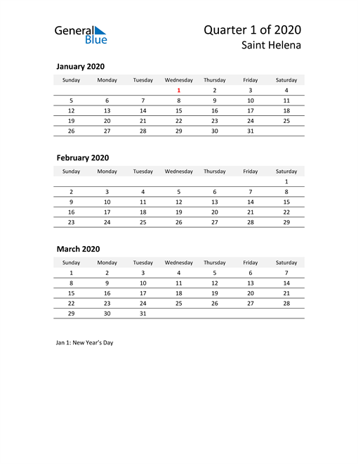  2020 Three-Month Calendar for Saint Helena