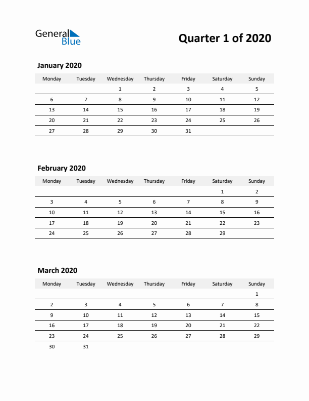 2020 Three-Month Calendar (Quarter 1)