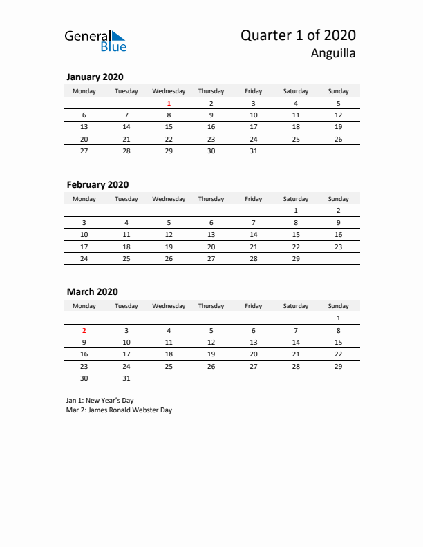 2020 Three-Month Calendar for Anguilla