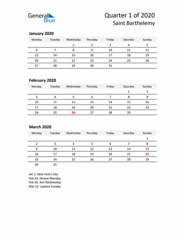 2020 Three-Month Calendar for Saint Barthelemy