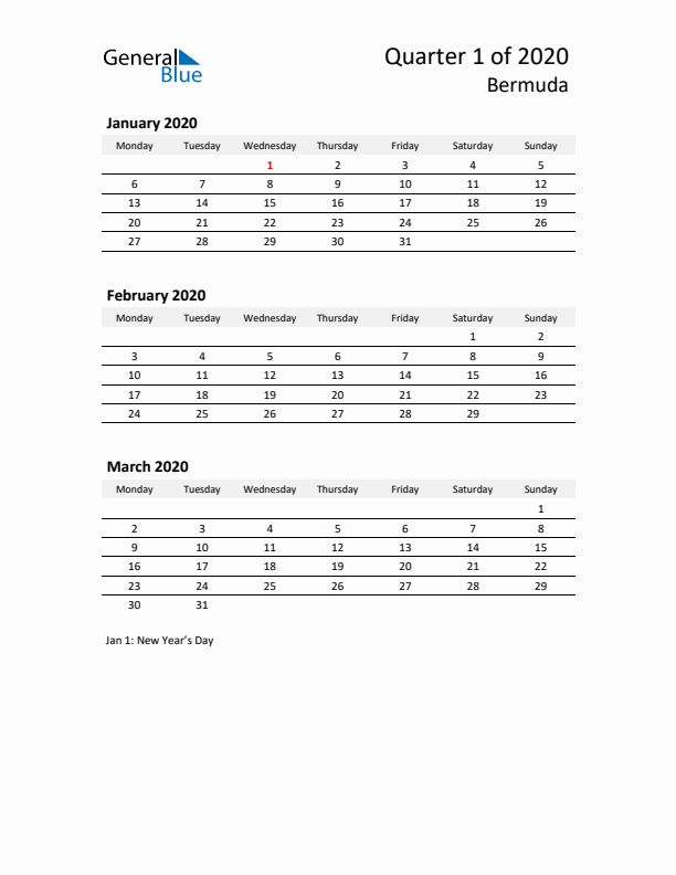 2020 Three-Month Calendar for Bermuda