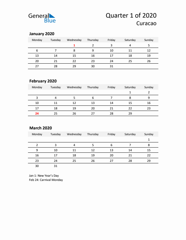 2020 Three-Month Calendar for Curacao