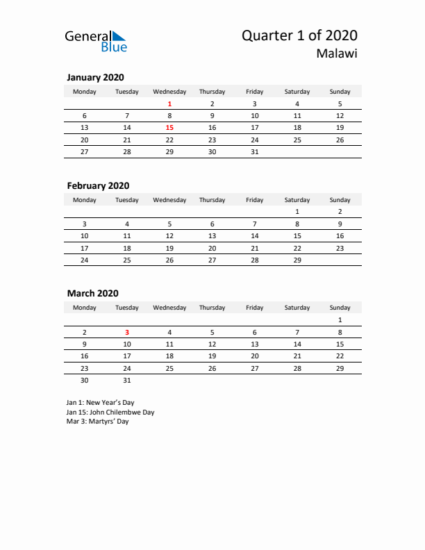 2020 Three-Month Calendar for Malawi