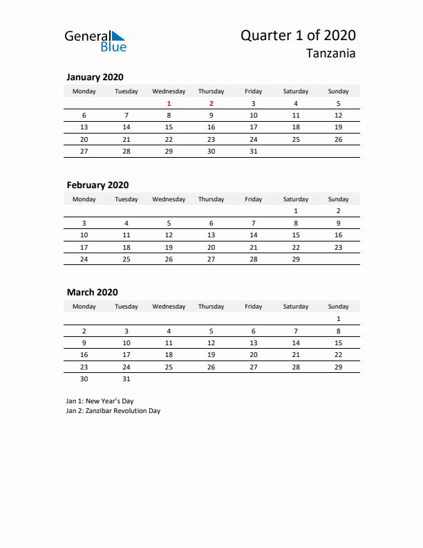 2020 Three-Month Calendar for Tanzania