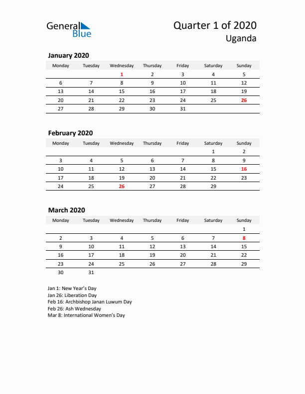 2020 Three-Month Calendar for Uganda