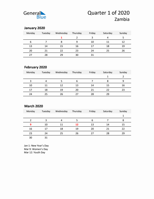 2020 Three-Month Calendar for Zambia